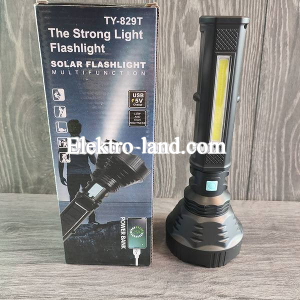 Аккумуляторный LED  фонарь ручной повербанк (powerbank) с солнечной панелью, USB выход  TY-829T